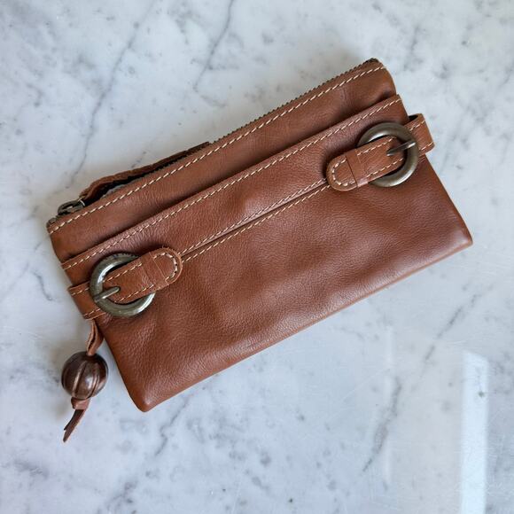 Fossil Genuine Leather Wallet Clutch Buckle Detail Tan Brown Polka Dot Lining - Picture 1 of 14